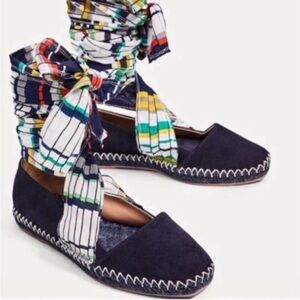 Zara Navy Suede Espadrille Ankle Tie Flats